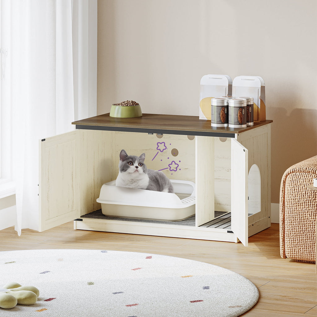 Hzuaneri 39.4 inch Cat Litter Box Enclosure, Hidden Litter Box Furniture Cabinet with Cushion for Cat, Wooden Cat House Reversible Entrance Left or Right Side, Rustic White and Brown