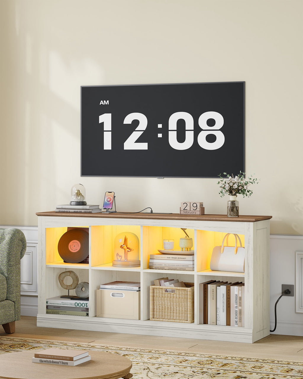 2 Tier Wood Cube Bookshelf, 55"W 8-Cube Storage Organizer with LED Lights & Charging Station, Low and Rustic Display Cabinet for Bedroom, Office, Living Room, White