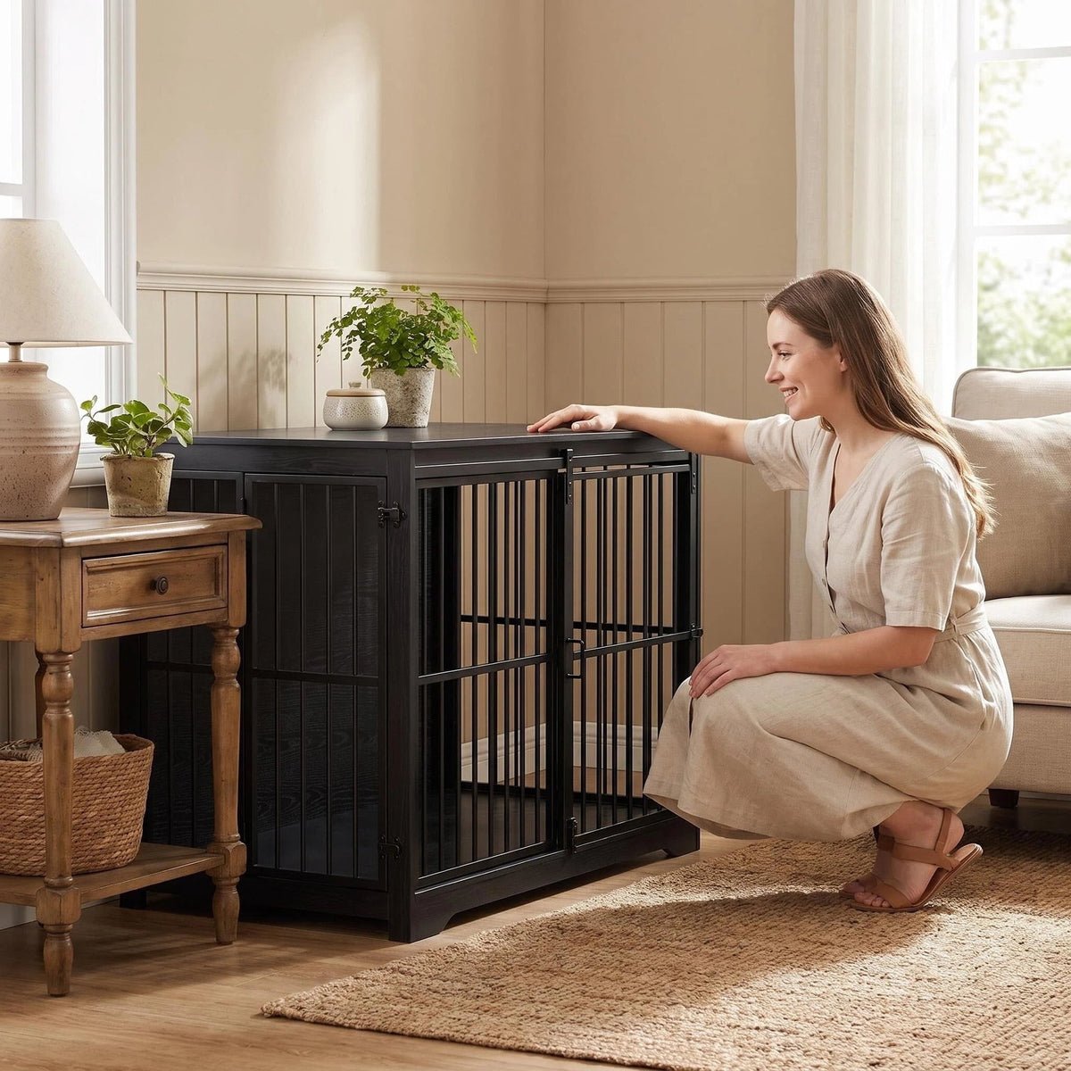 46.9" XXL Wooden Dog Crate,Barn Door Anti-Chew, Indoor End Table Style,Black