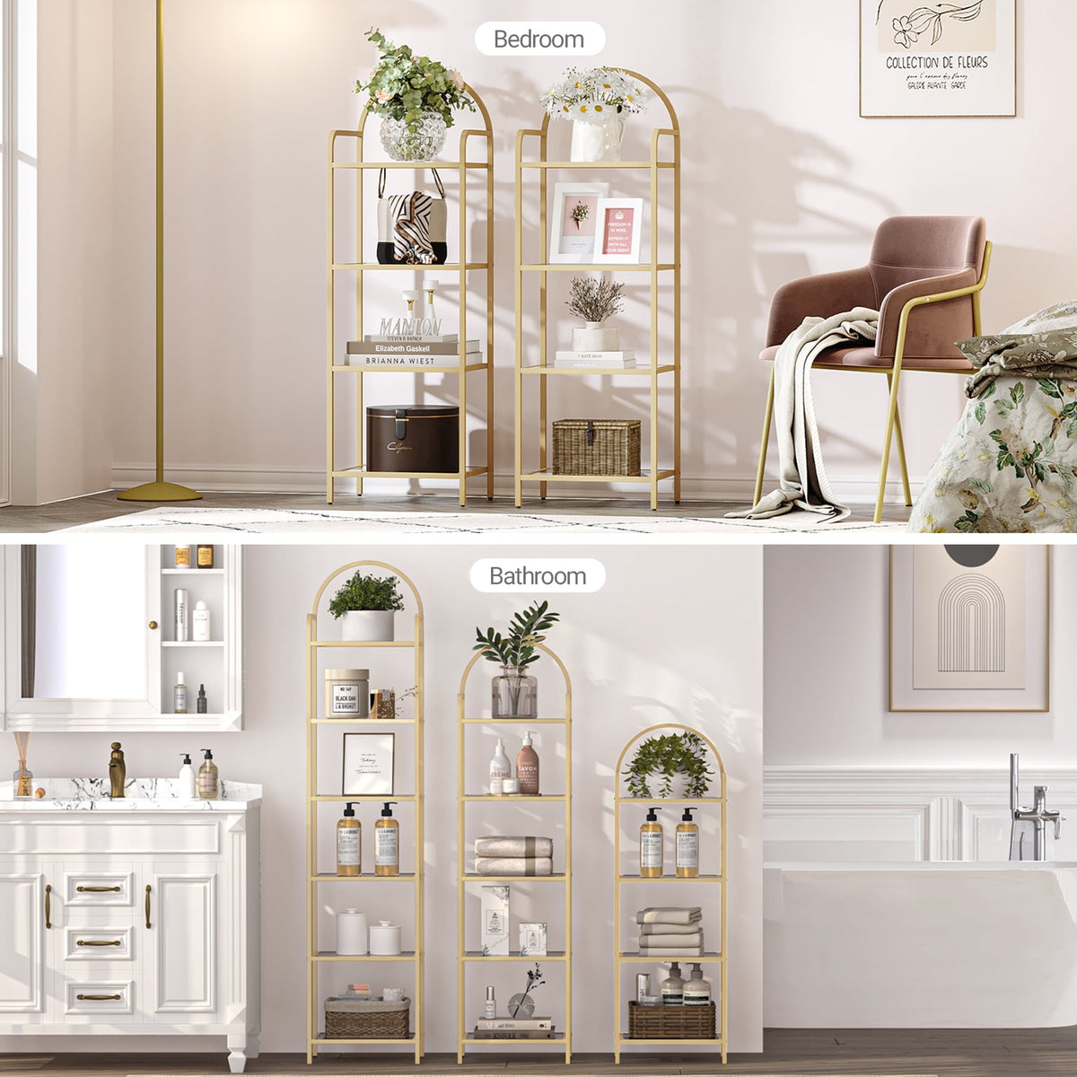 Hzuaneri 4-Tier Bookcase Bookshelf, Tempered Glass Bookshelves, Slim Shelving Unit for Bedroom, Bathroom, Home Office, Steel Frame, Gold, 48in Tall