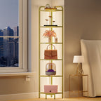 Corner Shelf 6-Tier with LED Lighting, Modern Glass Bookshelf Bookcase with Steel Frame for Living Room Bedroom Game Room, Gold
