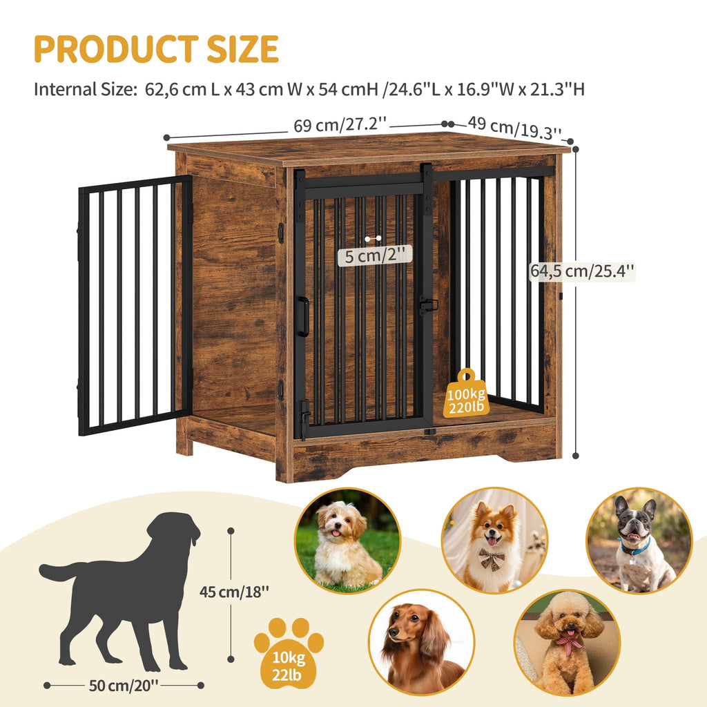 Hzuaneri 27.2" Dog Crate Furniture with Barn Door, Heavy Duty Wooden Kennel for Small Dogs up to 22 lb, Rustic Brown