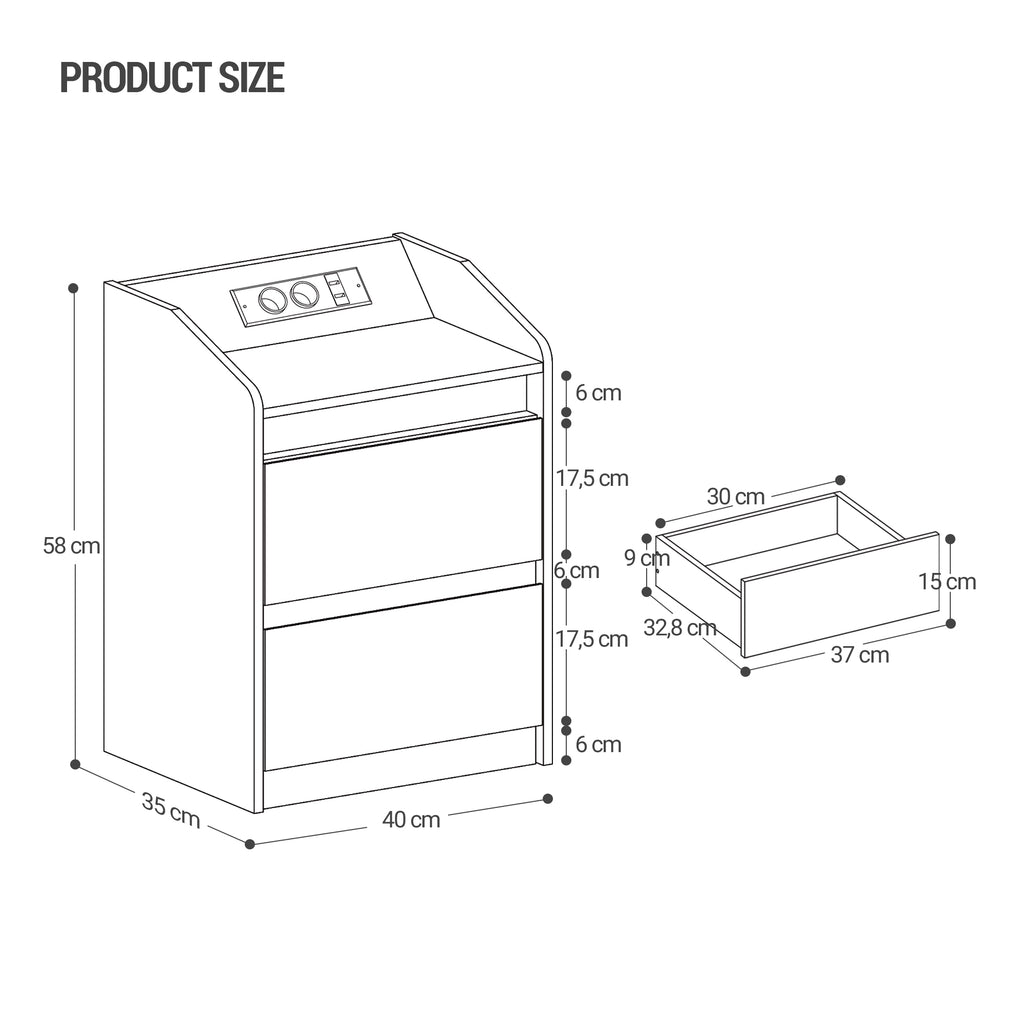 Hzuaneri Bedside Table with LED Lights & Charging Station, 2 Drawers, USB Ports and Power Outlets, White