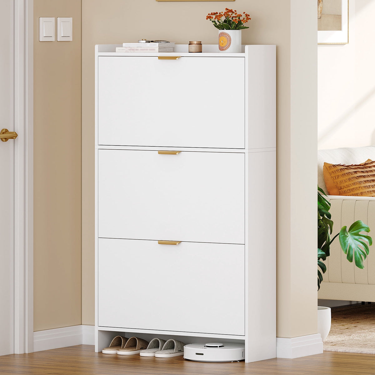 Hzuaneri 54.3" Tall Narrow Hidden Shoe Organizer, Freestanding Cabinet Featuring 3 Flip‑Top Drawers, Adjustable Shelves and Gold Handles, Stores 18‑24 Pairs, for Entryway, White