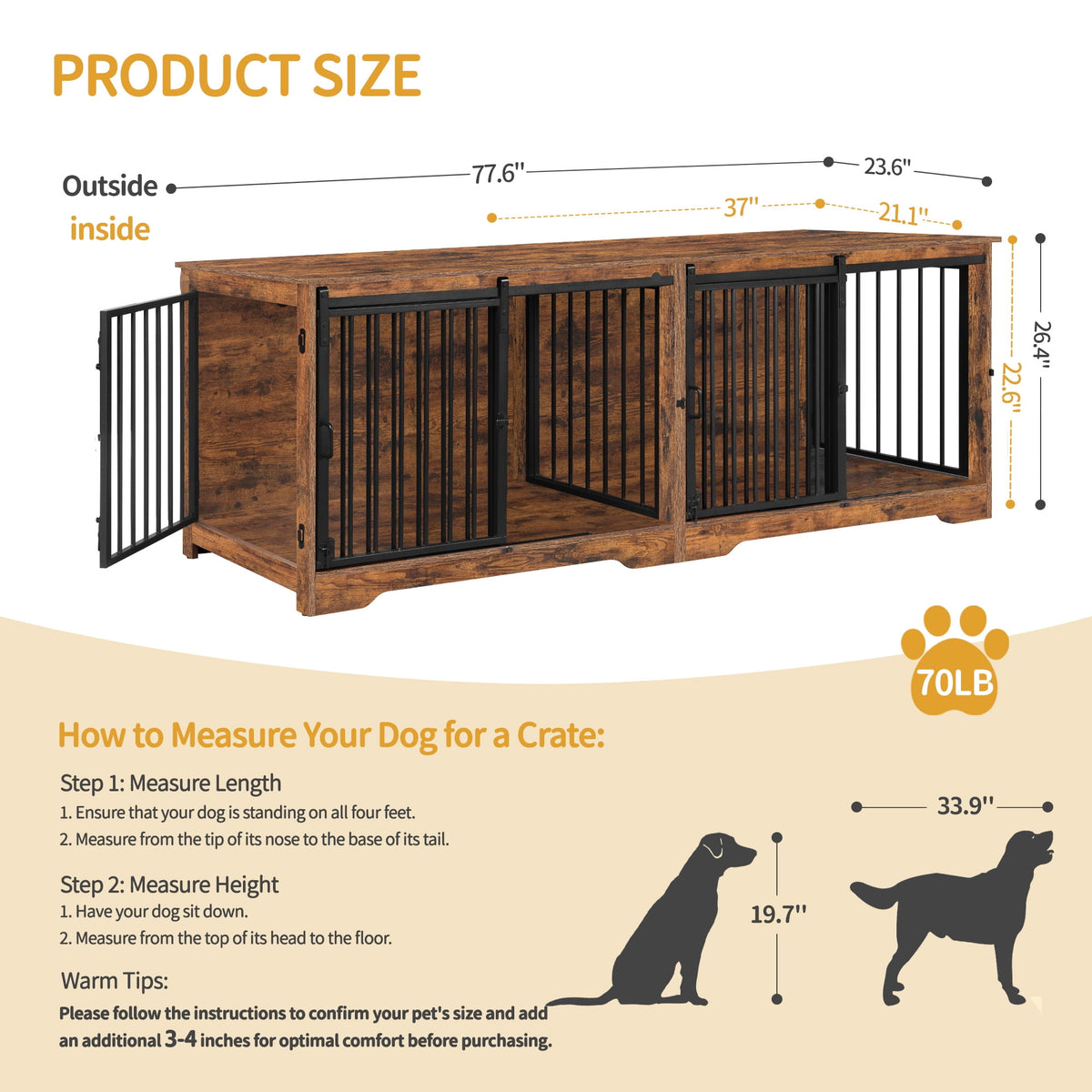 Hzuaneri 78" Large Double Dog Crate Furniture, Indoor Dog Kennel Furniture for 2 Dogs with Divider, Dual Sliding Barn Doors, Heavy Duty Dog Cage Furniture as TV Stand, Rustic Brown