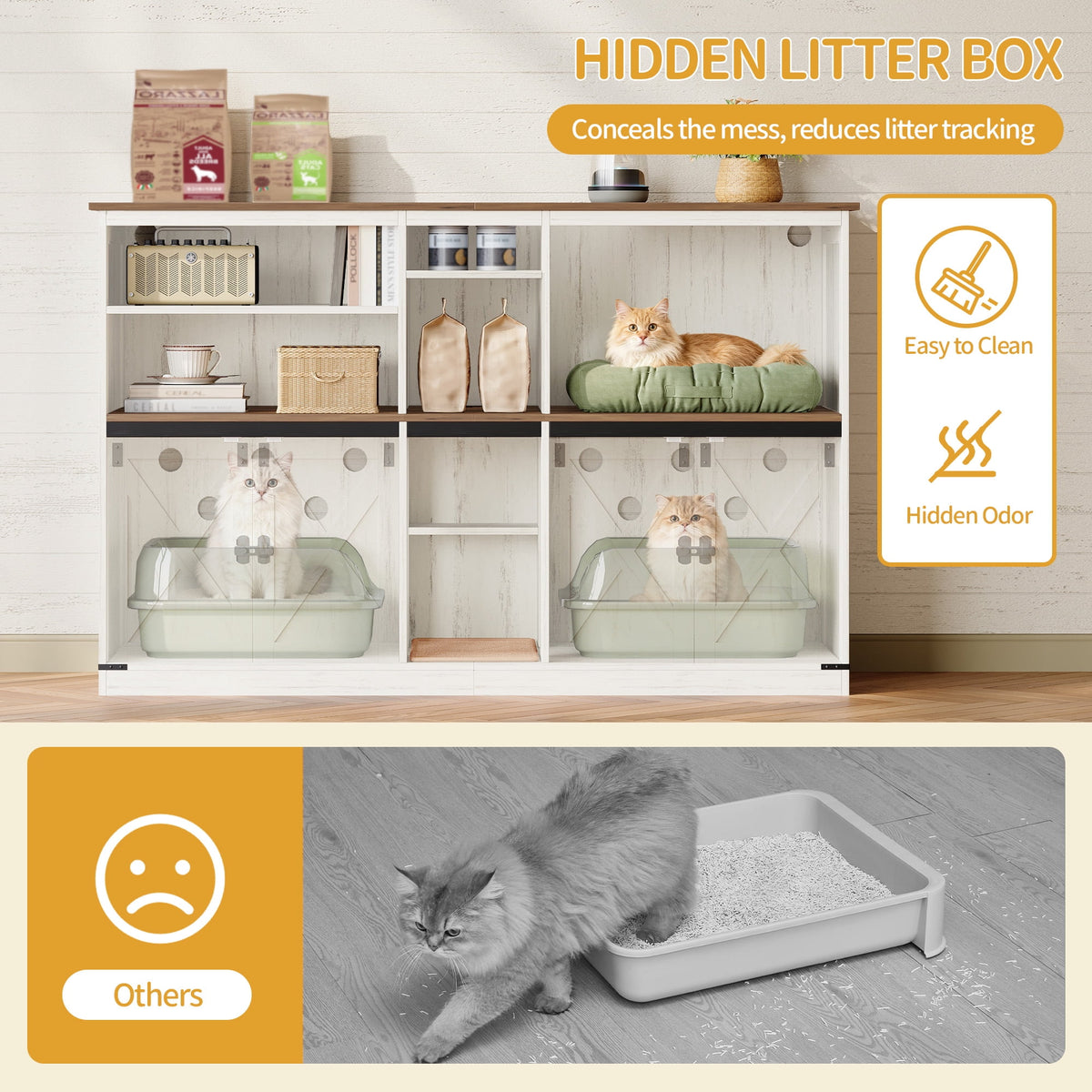 Double Cat Litter Box Enclosure with Storage, Hidden Cabinet for 2 Cats, Rustic Brown and White
