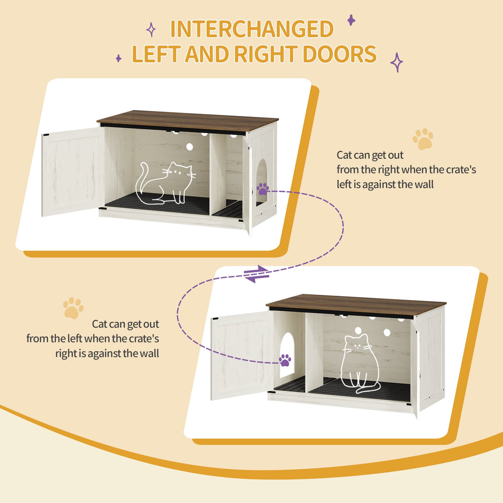 Hzuaneri 39.4 inch Cat Litter Box Enclosure, Hidden Litter Box Furniture Cabinet with Cushion for Cat, Wooden Cat House Reversible Entrance Left or Right Side, Rustic White and Brown