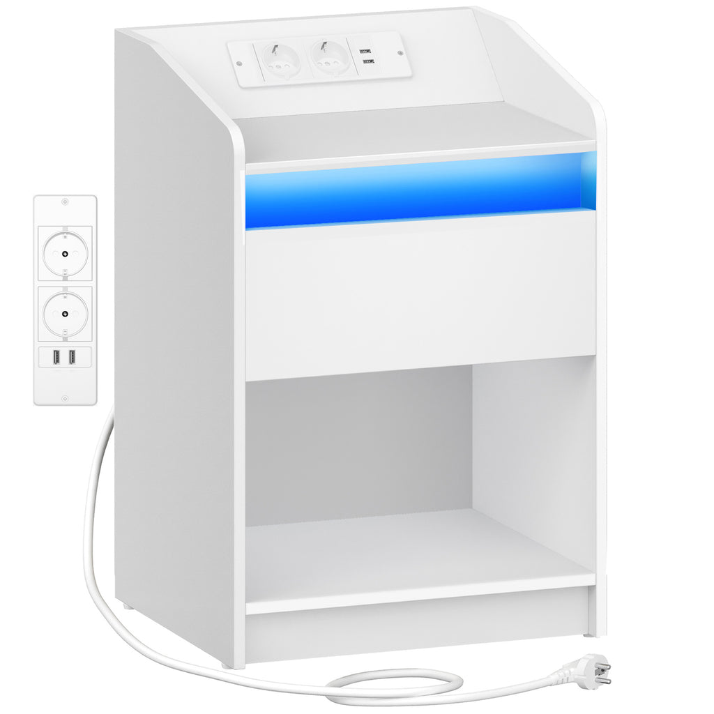 Hzuaneri Bedside Table with LED Light & Charging Station, 2 USB Ports & Outlets, Storage Drawer