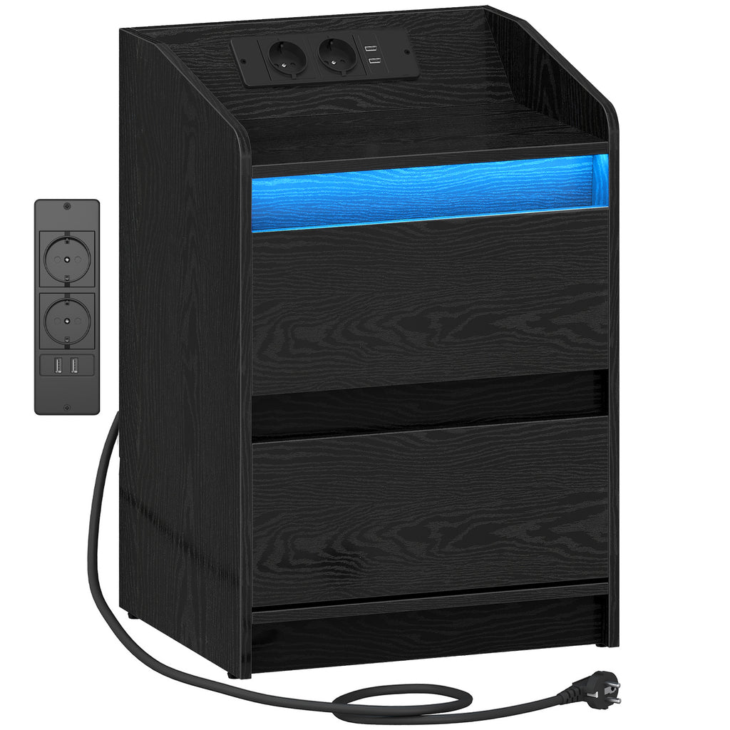 Hzuaneri Bedside Table with LED Lights & Charging Station, 2 Drawers, USB Ports and Power Outlets, Black