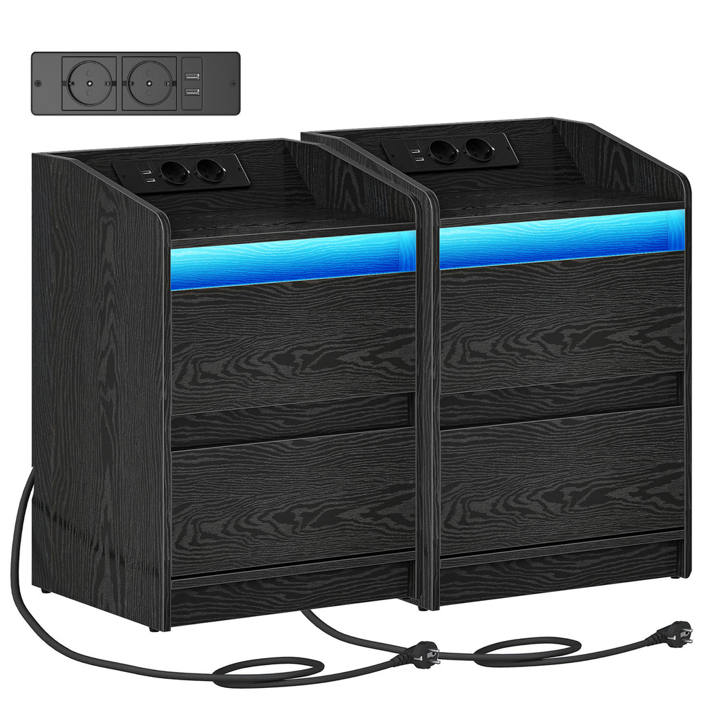 Hzuaneri Nightstand Set of 2 with LED Lights & Charging Station, 2 Drawers, USB Ports & Outlets, Black