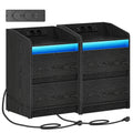 Hzuaneri Nightstand Set of 2 with LED Lights & Charging Station, 2 Drawers, USB Ports & Outlets, Black