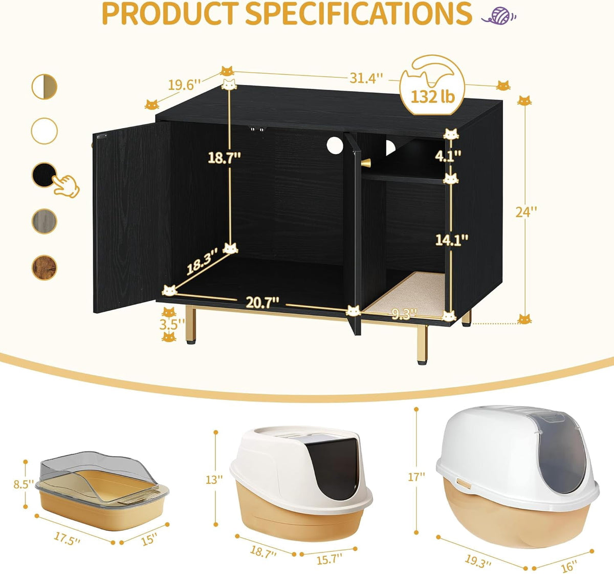 Cat Litter Box Enclosure 39.4" with Storage, Wooden Cabinet with Sisal Mat for Living Room, Black and Gold