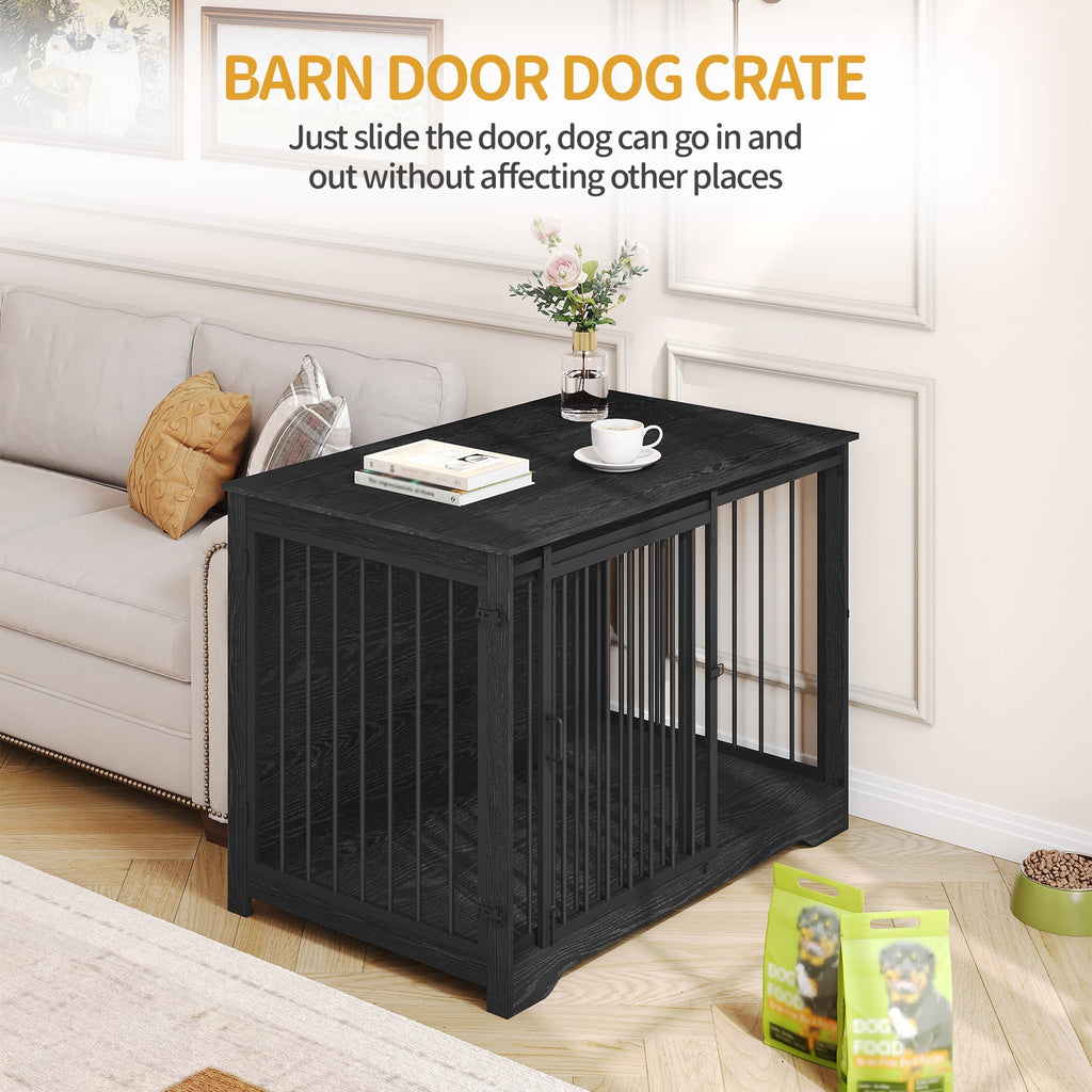 Hzuaneri Dog Crate Furniture with Barn Door, 43.3" Wood Heavy Duty Dog Crate Kennel for Medium/Large Dogs, End Side Table, Farmhouse Style, Black