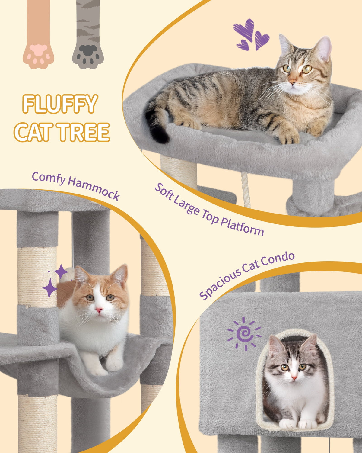 Cat Tree, 58.7‑Inch Tall Multi‑Level Cat Tower for Indoor Cats with Scratching Posts, Hammock and Cat Cave, Light Gray