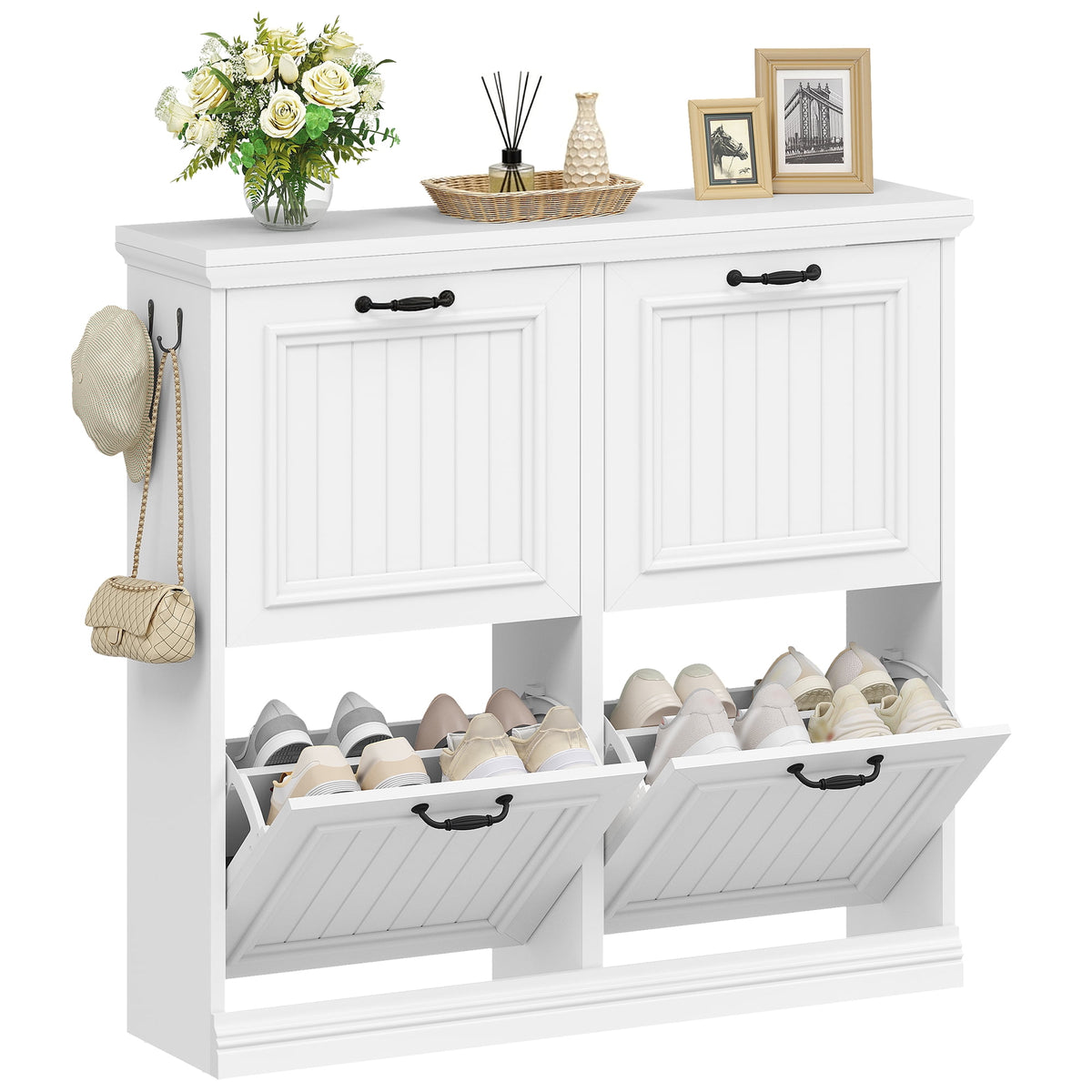 Hzuaneri 36.2" Tall Narrow Shoe Organizer, Freestanding Wooden Hidden Shoe Cabinet with 4 Flip Drawers & Adjustable Shelves, Multi-Purpose Storage Furniture for Entryway Hallway, White