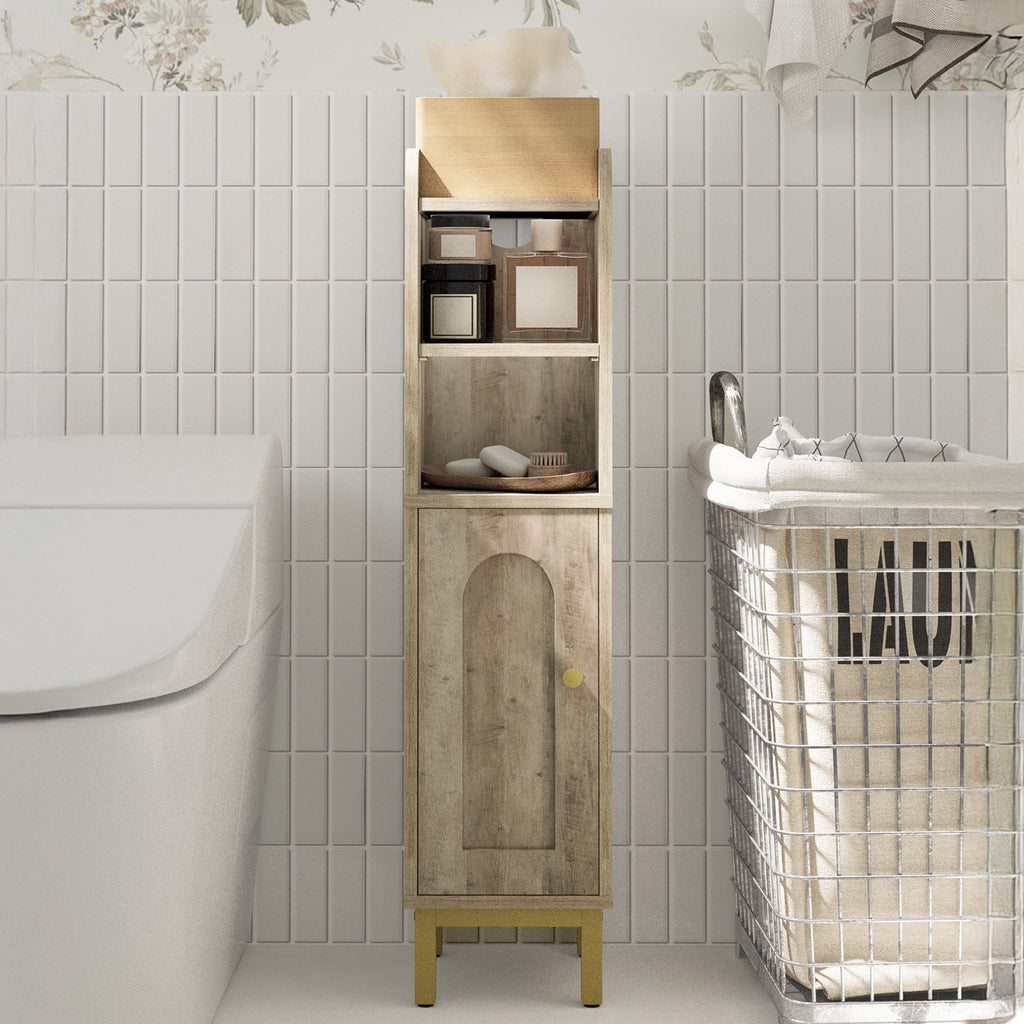 Hzuaneri Bathroom Storage Cabinet, 32.7" Tall Space‑Saving Corner Freestanding Floor Organizer with Door, Adjustable Shelves & Built‑in Toilet Paper Holder for Small Spaces, Rustic Greige