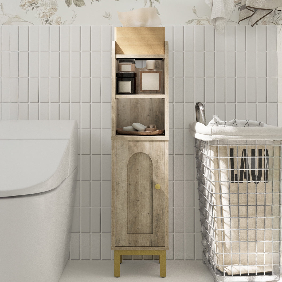 Hzuaneri Bathroom Storage Cabinet, 32.7" Tall Space‑Saving Corner Freestanding Floor Organizer with Door, Adjustable Shelves & Built‑in Toilet Paper Holder for Small Spaces, Rustic Greige