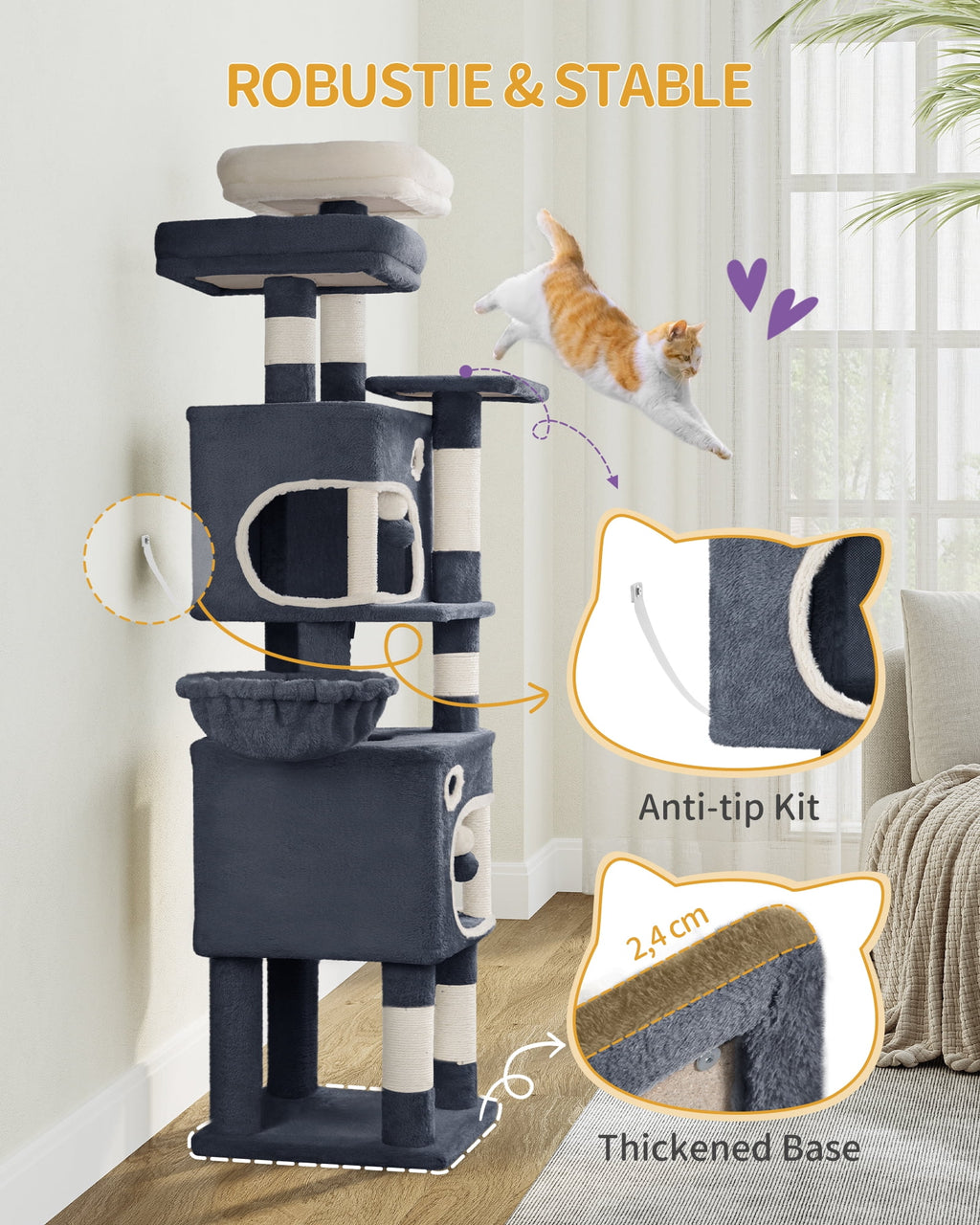 Cat Tree, 62.6‑Inch Tall Multi‑Level Cat Tower for Indoor Cats with Scratching Posts, Platforms, Cat Caves and Basket, Dark Gray