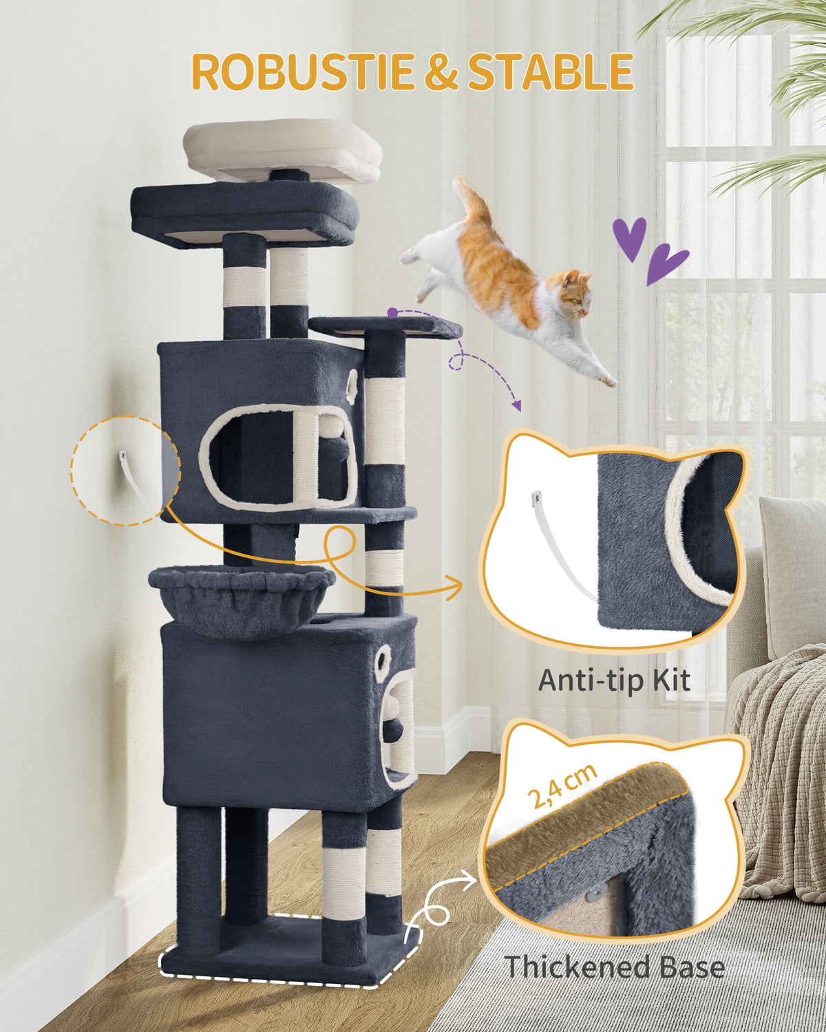 Cat Tree, 62.6‑Inch Tall Multi‑Level Cat Tower for Indoor Cats with Scratching Posts, Platforms, Cat Caves and Basket, Dark Gray