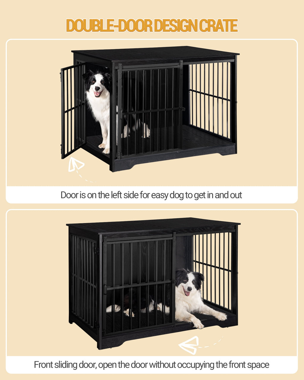 Hzuaneri 44 Inch Dog Crate Furniture, XL Indoor Dog Kennel for Large Dog with Barn Door, Heavy Duty Wooden Dog Cage as TV Stand & End Table, Black