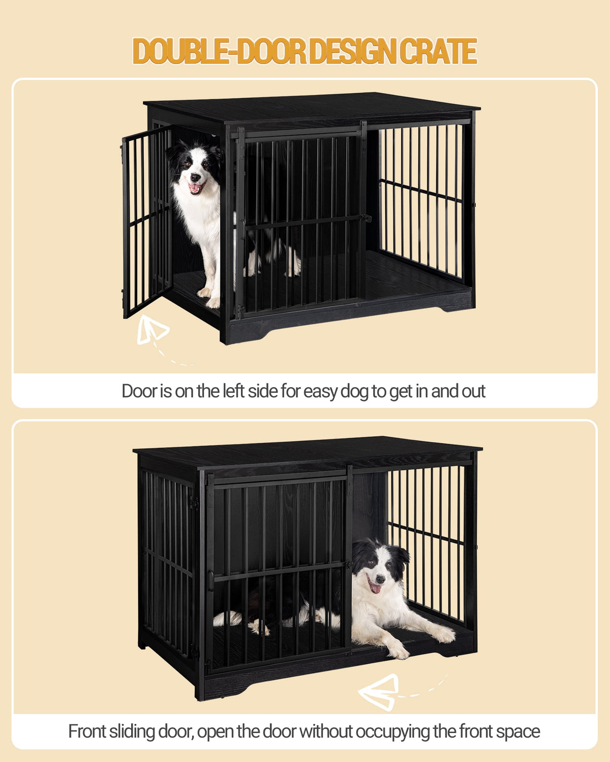 Hzuaneri 44 Inch Dog Crate Furniture, XL Indoor Dog Kennel for Large Dog with Barn Door, Heavy Duty Wooden Dog Cage as TV Stand & End Table, Black