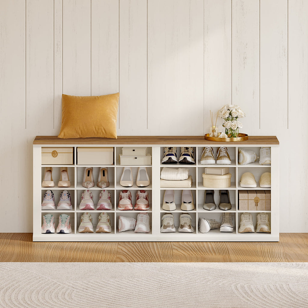 Hzuaneri Shoe Storage Bench, 59"W Farmhouse Widened Wooden Entryway Cubby Organizer with Compartments for Cloakroom & Entryway, Antique White