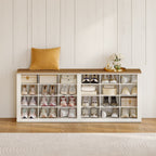 Hzuaneri Shoe Storage Bench, 59"W Farmhouse Widened Wooden Entryway Cubby Organizer with Compartments for Cloakroom & Entryway, Antique White