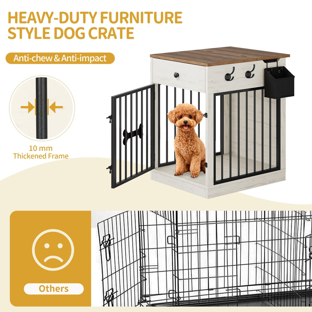 24.6" Wooden Dog Crate Furniture with charging station,small dogs,White Brown