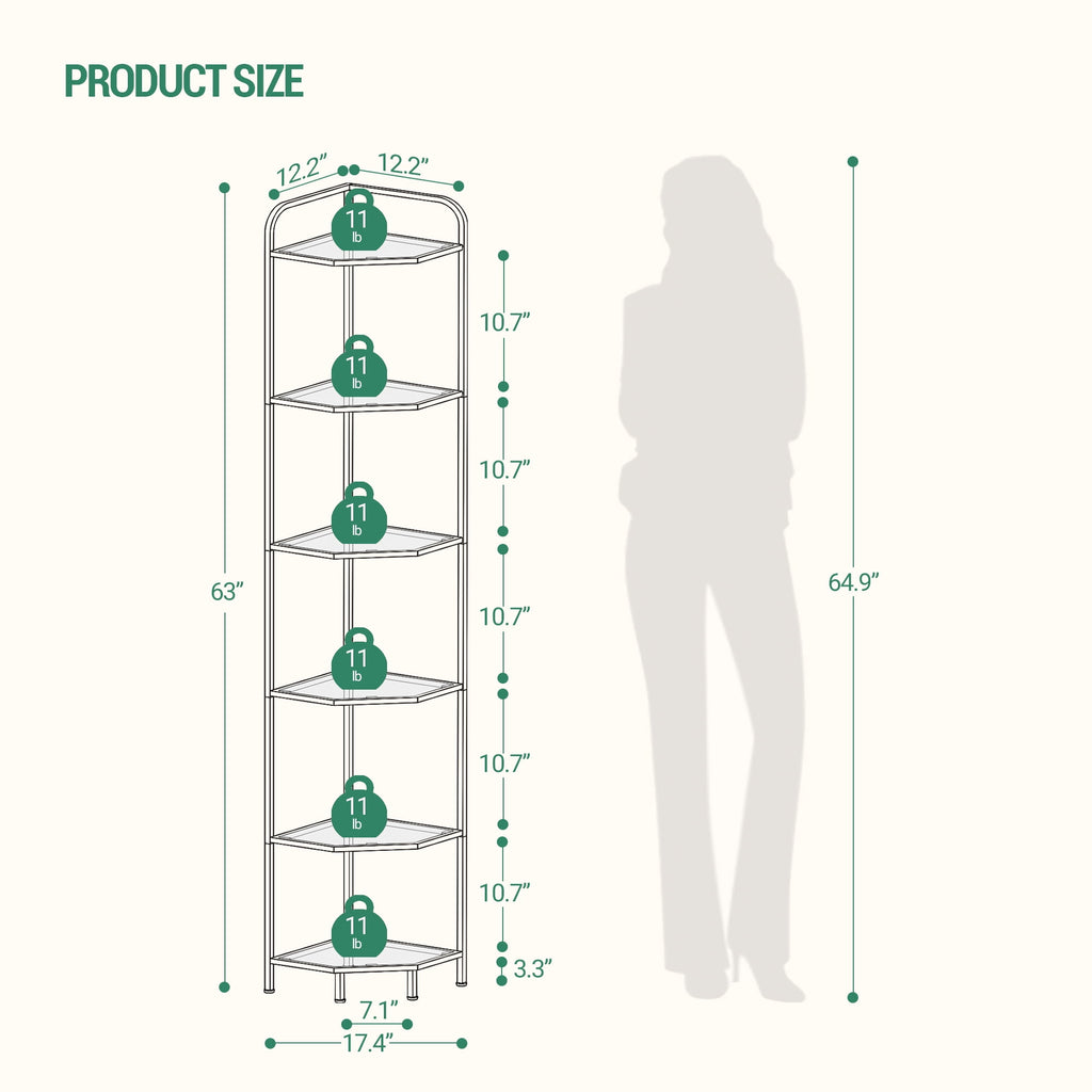 Corner Shelf Stand 6-Tier with Tempered Glass Shelves, Modern Glass Bookshelf Bookcase for Living Room Bathroom Kitchen, Gold