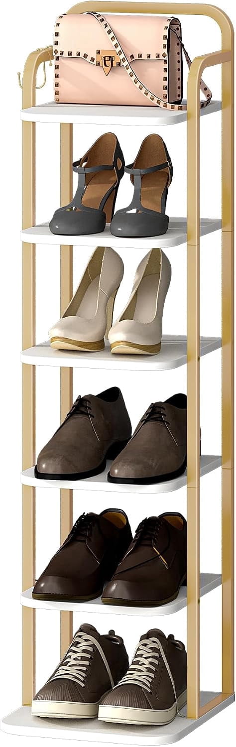 Hzuaneri Shoe Rack, 39.8" H Freestanding Vertical 6‑Tier Adjustable Storage Organizer, Space‑Saving Footwear Storage for Small Spaces, White & Gold
