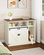 Cat Litter Box Enclosure, Wooden Hidden Cabinet with Storage and Scratch Pad, Farmhouse Style, Rustic Brown and White
