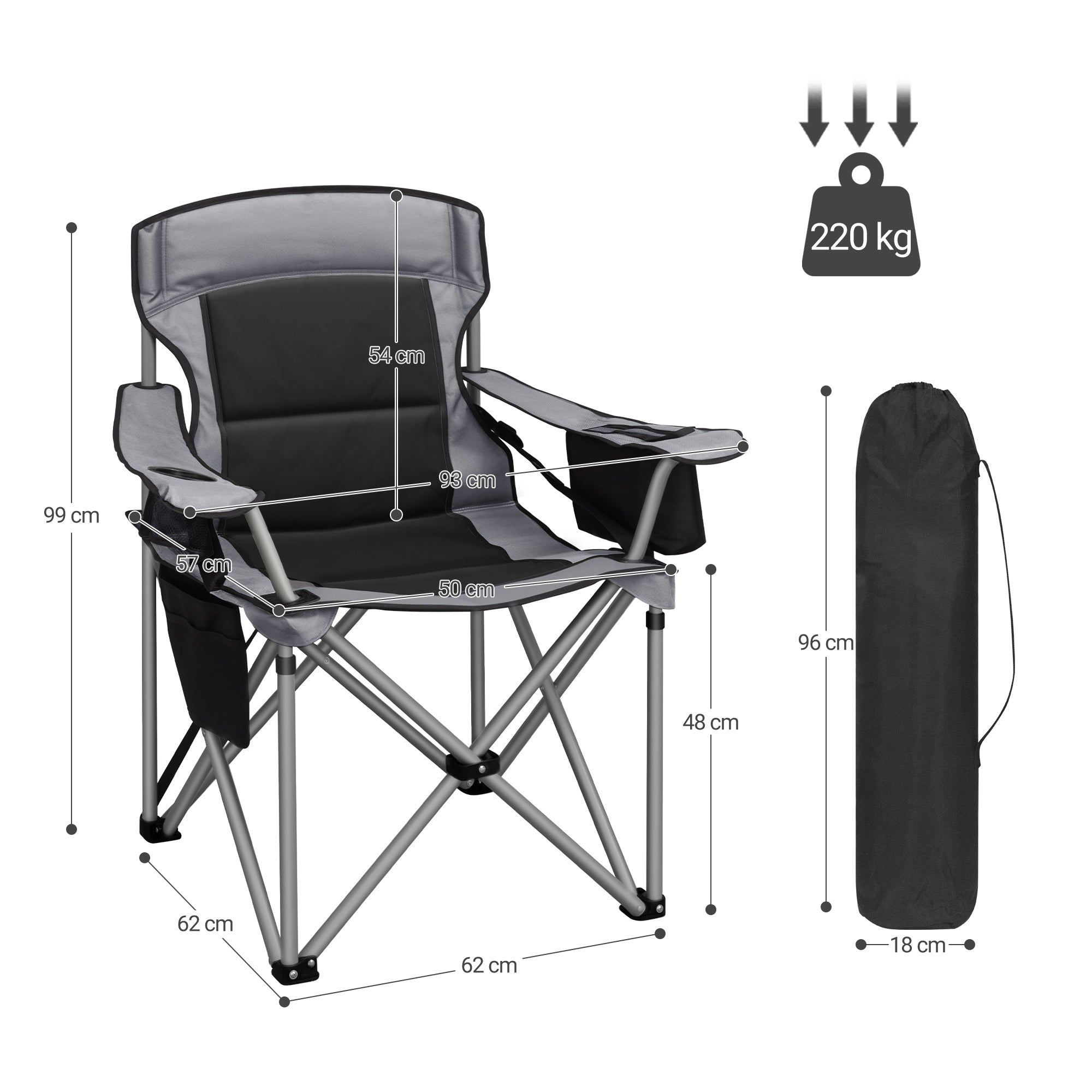 Hzuaneri Folding Camping Chair for Adults Oversized 220KG, Heavy Duty Padded Camping Chair with Adjustable Lumbar Support, Cooler Bag, Cup Holder for Garden Balcony Fishing Black and Grey CC00299EGR