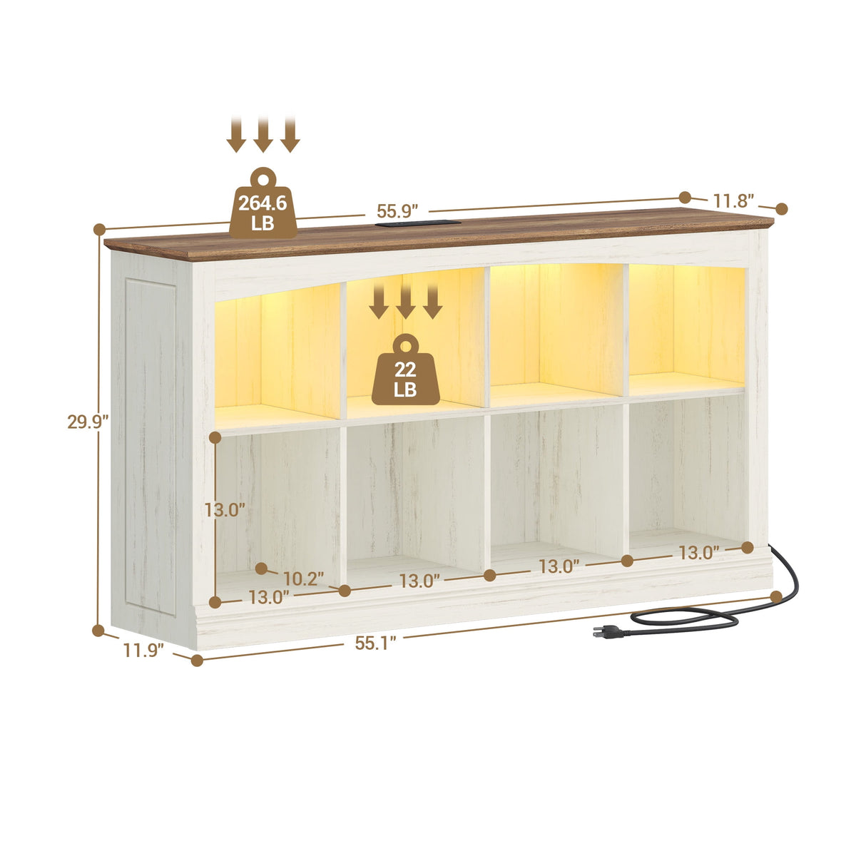 2 Tier Wood Cube Bookshelf, 55"W 8-Cube Storage Organizer with LED Lights & Charging Station, Low and Rustic Display Cabinet for Bedroom, Office, Living Room, White