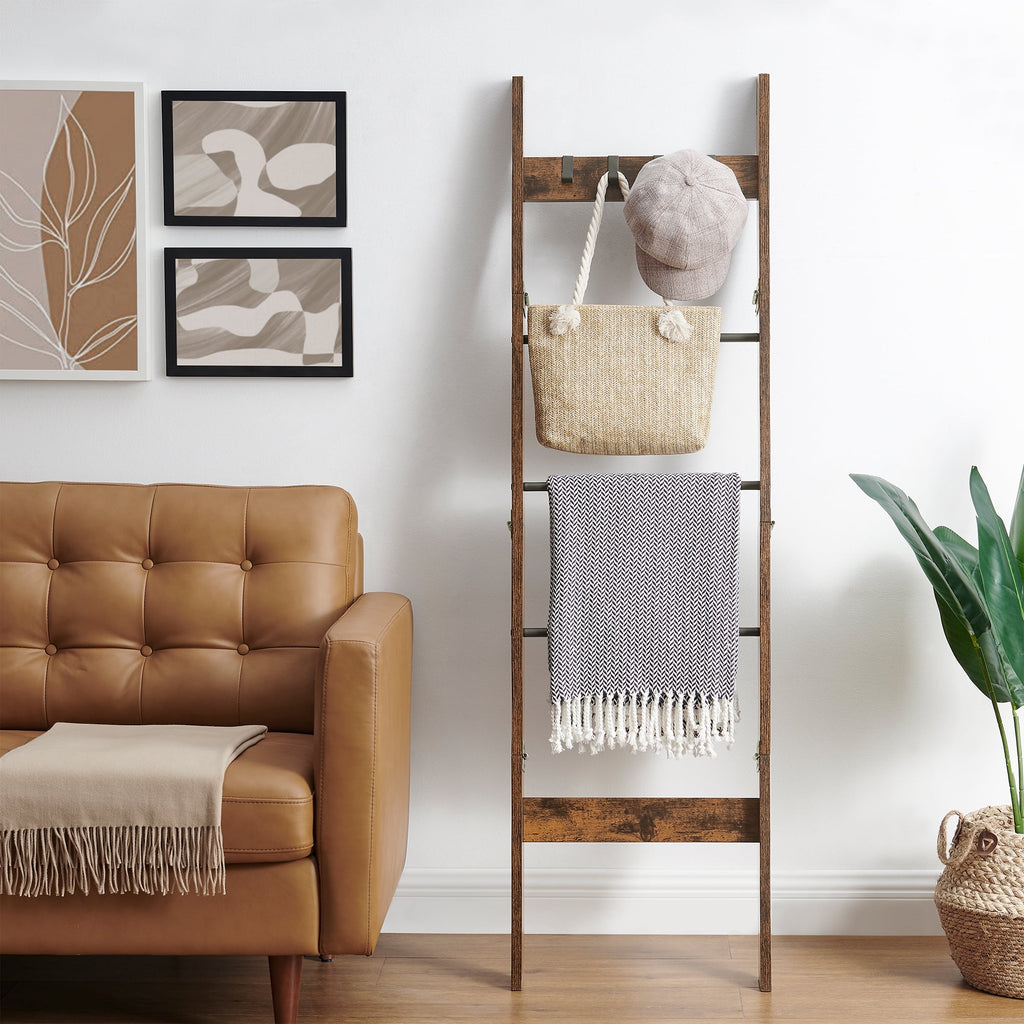 Hzuaneri Blanket Ladder for Living Room, 5-Tier Farmhouse Ladder Holder with 4 Hooks, 5ft 3 inch Rustic Decorative Farmhouse Blanket Holder Rack Easy Assembly - Rustic Brown
