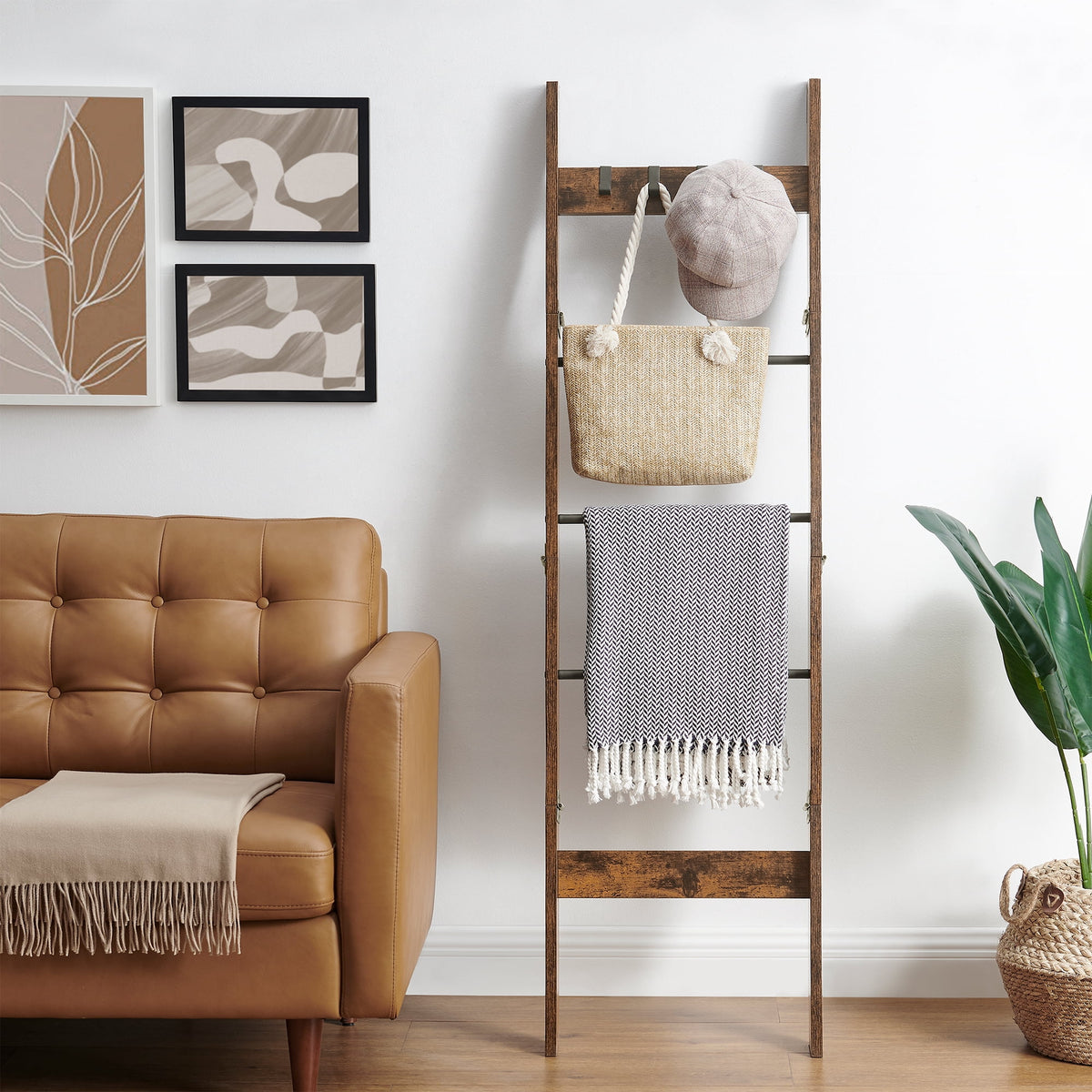 Hzuaneri Blanket Ladder for Living Room, 5-Tier Farmhouse Ladder Holder with 4 Hooks, 5ft 3 inch Rustic Decorative Farmhouse Blanket Holder Rack Easy Assembly - Rustic Brown