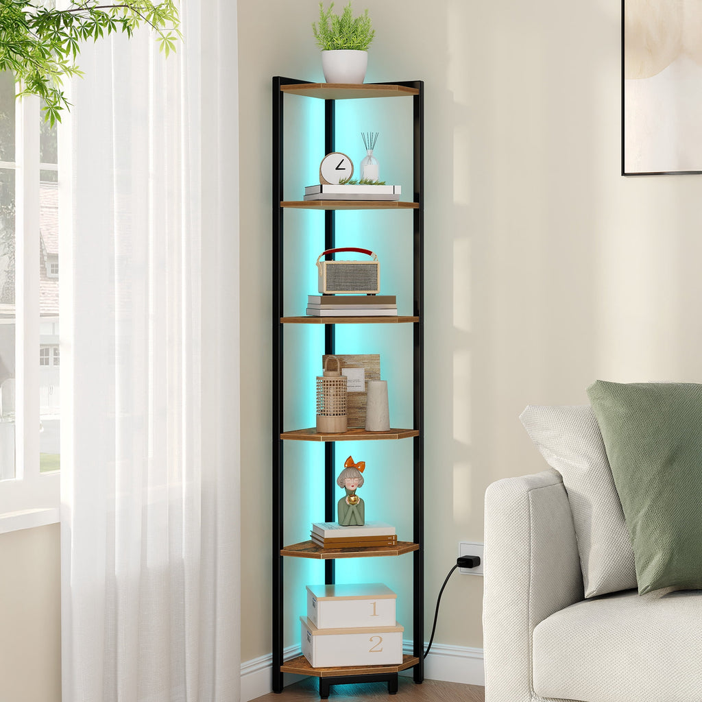 Corner Shelf 6-Tier with LED Light, Tall Narrow Bookshelf with Metal Frame for Small Spaces Living Room Home Office Bedroom, Rustic Brown
