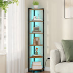 Corner Shelf 6-Tier with LED Light, Tall Narrow Bookshelf with Metal Frame for Small Spaces Living Room Home Office Bedroom, Rustic Brown