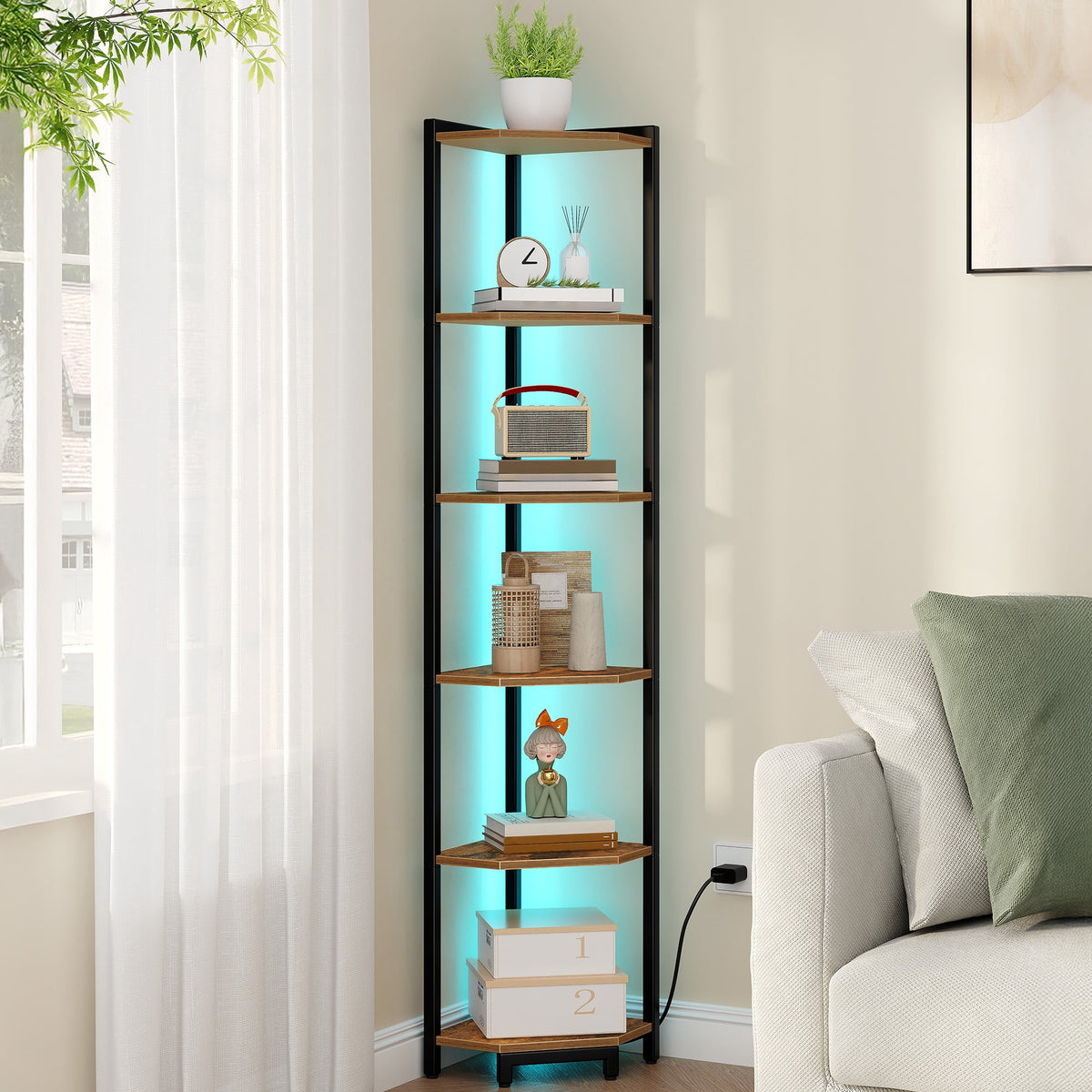 Corner Shelf 6-Tier with LED Light, Tall Narrow Bookshelf with Metal Frame for Small Spaces Living Room Home Office Bedroom, Rustic Brown
