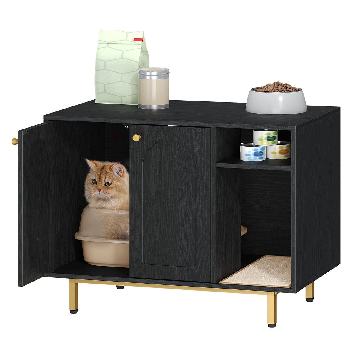 Cat Litter Box Enclosure 39.4" with Storage, Wooden Cabinet with Sisal Mat for Living Room, Black and Gold