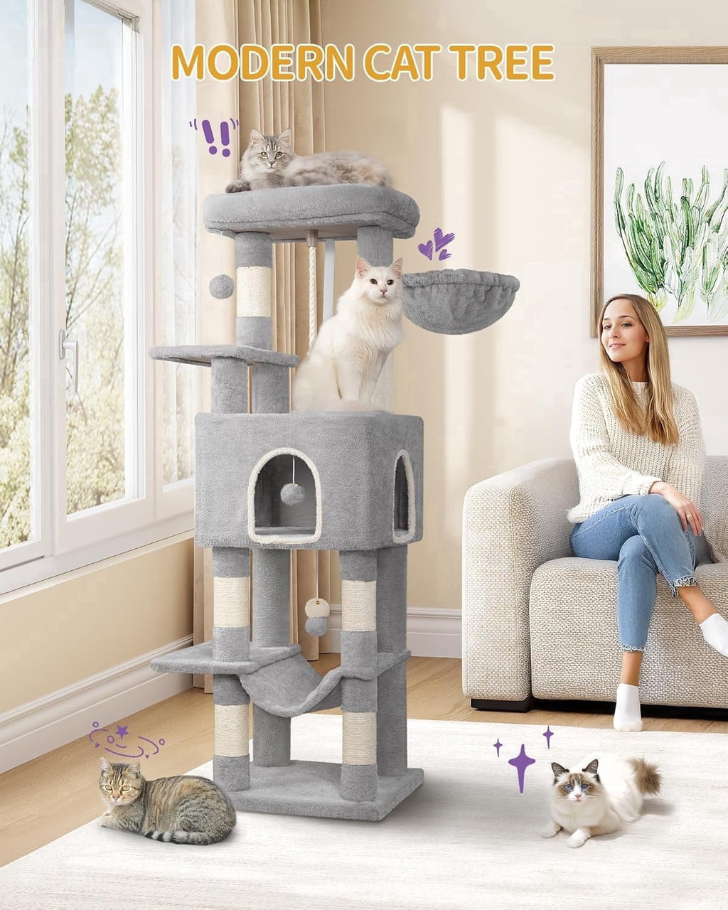 Cat Tree, 58.7‑Inch Tall Multi‑Level Cat Tower for Indoor Cats with Scratching Posts, Hammock and Cat Cave, Light Gray