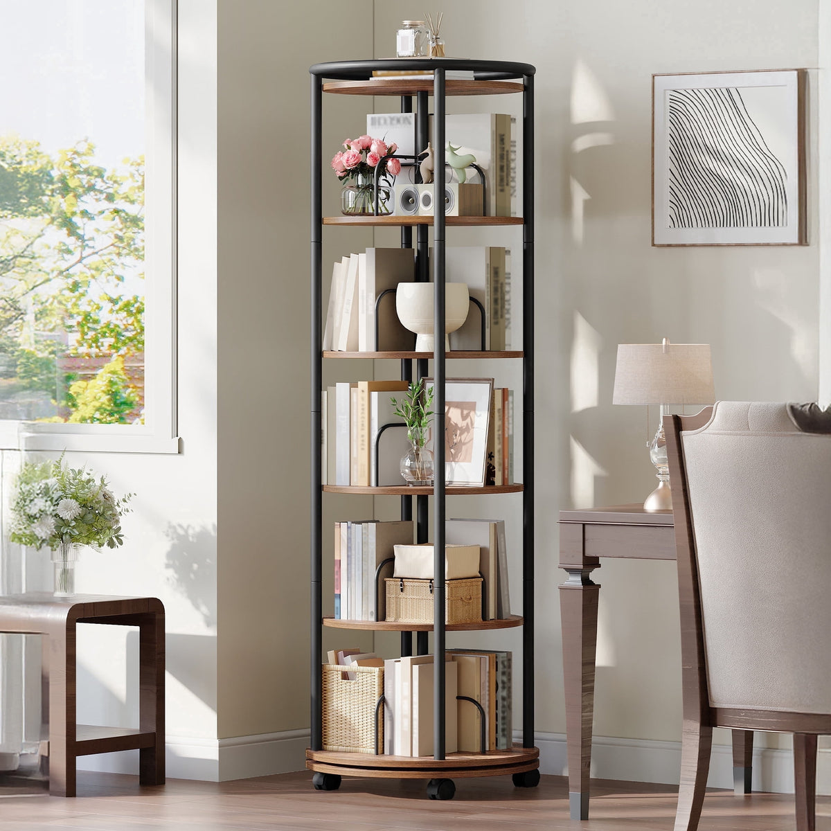 Rotating Bookshelf, 360° Spinning Bookshelf Tower, Display Revolving Bookcase, Round Book Shelf, Narrow Swivel Bookshelves for Small Space, Bedroom, Living Room, 6-Tier Rustic Brown