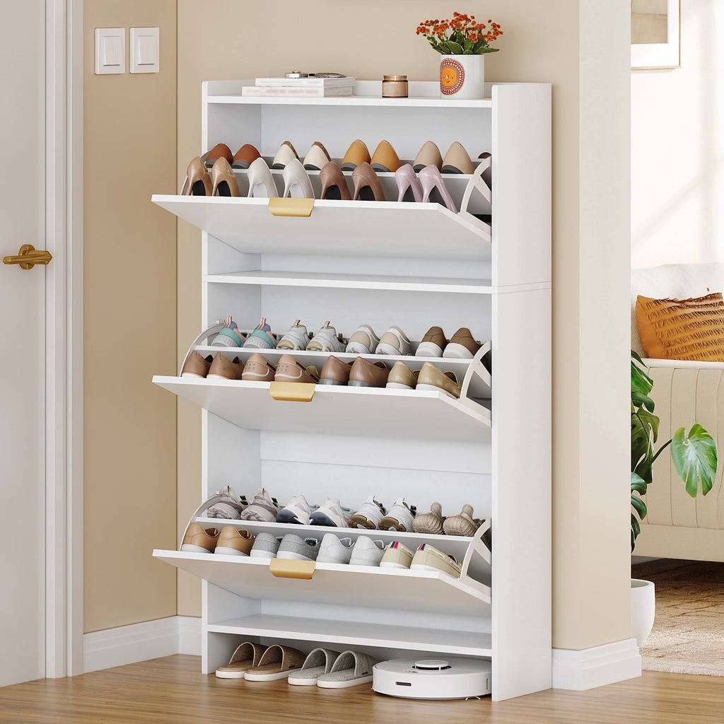 Hzuaneri 54.3" Tall Narrow Hidden Shoe Organizer, Freestanding Cabinet Featuring 3 Flip‑Top Drawers, Adjustable Shelves and Gold Handles, Stores 18‑24 Pairs, for Entryway, White