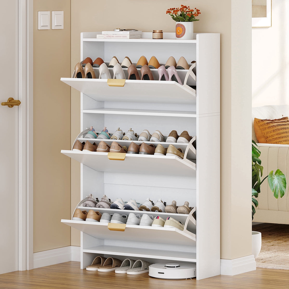 Hzuaneri 54.3" Tall Narrow Hidden Shoe Organizer, Freestanding Cabinet Featuring 3 Flip‑Top Drawers, Adjustable Shelves and Gold Handles, Stores 18‑24 Pairs, for Entryway, White